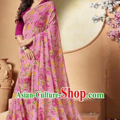 Indian Traditional Court Printing Roses Pink Chiffon Sari Dress Asian India National Festival Costumes for Women