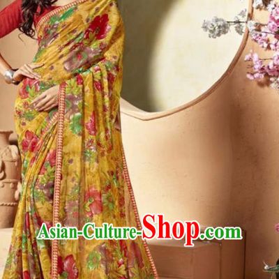 Indian Traditional Court Printing Yellow Chiffon Sari Dress Asian India National Festival Costumes for Women