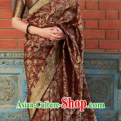 Traditional Indian Banarasi Saree Purplish Red Silk Sari Dress Asian India National Festival Bollywood Costumes for Women