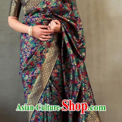 Traditional Indian Banarasi Saree Deep Blue Silk Sari Dress Asian India National Festival Bollywood Costumes for Women