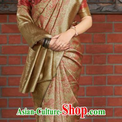 Traditional Indian Banarasi Saree Khaki Silk Sari Dress Asian India National Festival Bollywood Costumes for Women