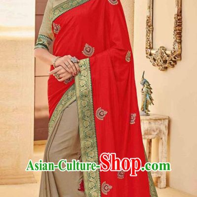 Traditional Indian Saree Red and Khaki Silk Sari Dress Asian India National Festival Bollywood Costumes for Women