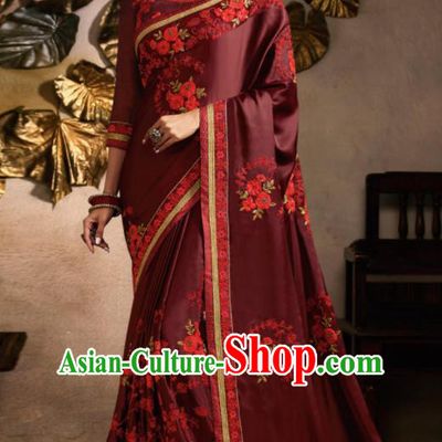 Traditional Indian Saree Bollywood Wine Red Satin Sari Dress Asian India National Festival Costumes for Women