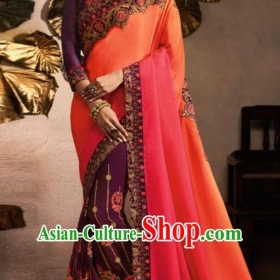 Traditional Indian Saree Bollywood Purple Satin Sari Dress Asian India National Festival Costumes for Women
