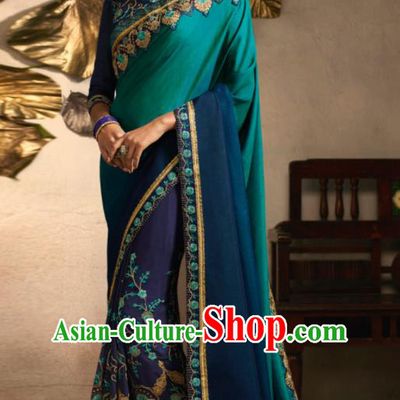 Traditional Indian Saree Bollywood Deep Blue Satin Sari Dress Asian India National Festival Costumes for Women