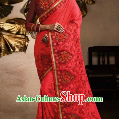 Traditional Indian Saree Bollywood Rosy Satin Sari Dress Asian India National Festival Costumes for Women