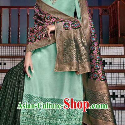 Asian Indian Punjabis Embroidered Green Tussar Silk Blouse and Pants India Traditional Lehenga Choli Costumes Complete Set for Women