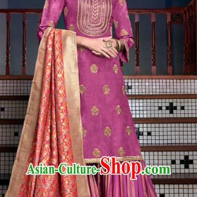 Asian Indian Punjabis Embroidered Purple Tussar Silk Blouse and Pants India Traditional Lehenga Choli Costumes Complete Set for Women