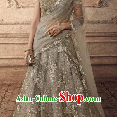 Traditional Indian Lehenga Embroidered Grey Dress Asian India National Festival Costumes for Women
