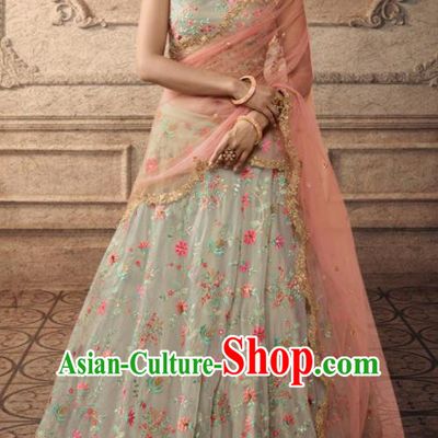 Traditional Indian Lehenga Embroidered Light Grey Dress Asian India National Festival Costumes for Women