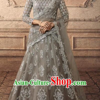 Traditional Indian Lehenga Embroidered Grey Dress Asian India National Festival Costumes for Women
