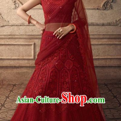 Traditional Indian Lehenga Embroidered Red Dress Asian India National Festival Costumes for Women
