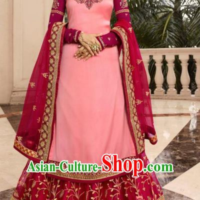 Asian Indian Punjabis Pink Satin Blouse and Wine Red Skirt India Traditional Lehenga Choli Costumes Complete Set for Women