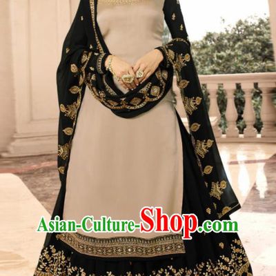 Asian Indian Punjabis Khaki Satin Blouse and Black Skirt India Traditional Lehenga Choli Costumes Complete Set for Women