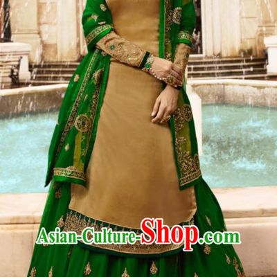 Asian Indian Punjabis Khaki Satin Blouse and Green Skirt India Traditional Lehenga Choli Costumes Complete Set for Women