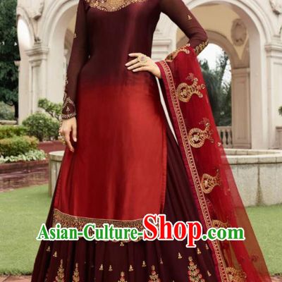 Asian Indian Punjabis Wine Red Satin Blouse and Skirt India Traditional Lehenga Choli Costumes Complete Set for Women