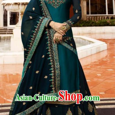 Asian Indian Punjabis Peacock Green Satin Blouse and Skirt India Traditional Lehenga Choli Costumes Complete Set for Women