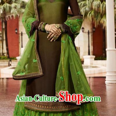 Asian Indian Punjabis Olive Green Satin Blouse and Skirt India Traditional Lehenga Choli Costumes Complete Set for Women