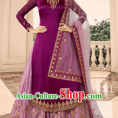 Asian Indian Punjabis Purple Satin Blouse and Skirt India Traditional Lehenga Choli Costumes Complete Set for Women