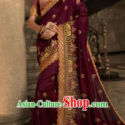 Asian Traditional Indian Court Embroidered Wine Red Silk Sari Dress India National Festival Bollywood Costumes for Women