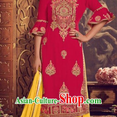 Asian Indian Punjabis Embroidered Rosy Georgette Blouse and Yellow Pants India Traditional Lehenga Choli Costumes Complete Set for Women