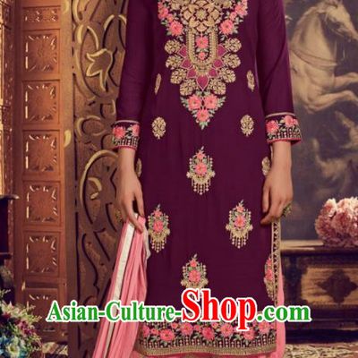 Asian Indian Punjabis Embroidered Purple Georgette Blouse and Pink Pants India Traditional Lehenga Choli Costumes Complete Set for Women