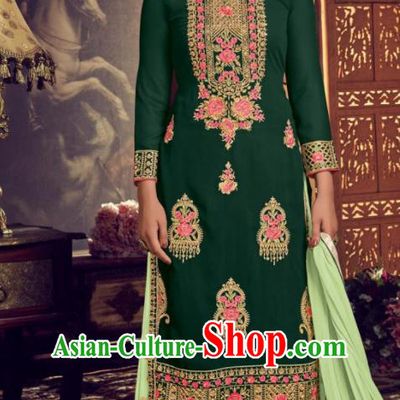 Asian Indian Punjabis Embroidered Green Georgette Blouse and Pants India Traditional Lehenga Choli Costumes Complete Set for Women