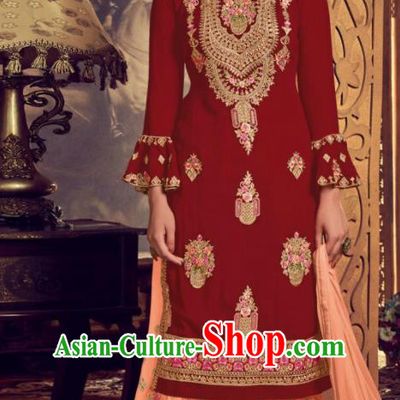 Asian Indian Punjabis Embroidered Red Georgette Blouse and Orange Pants India Traditional Lehenga Choli Costumes Complete Set for Women