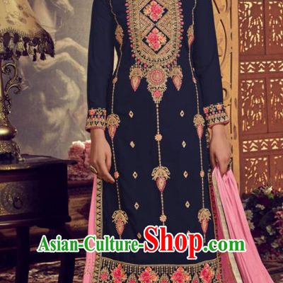 Asian Indian Punjabis Embroidered Navy Georgette Blouse and Pink Pants India Traditional Lehenga Choli Costumes Complete Set for Women
