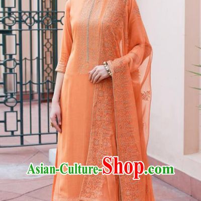 Asian Indian Punjabis Orange Muslin Blouse and Pants India Traditional Lehenga Choli Costumes Complete Set for Women