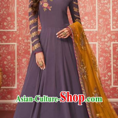 Indian Traditional Court Purple Georgette Anarkali Dress Asian India National Festival Costumes for Women