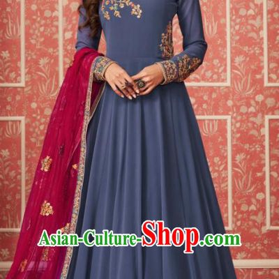 Indian Traditional Court Blue Georgette Anarkali Dress Asian India National Festival Costumes for Women