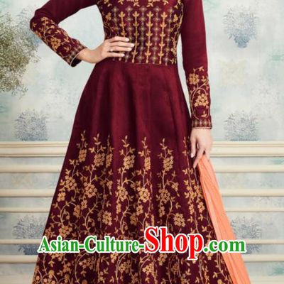 Indian Traditional Bollywood Court Wine Red Silk Anarkali Dress Asian India National Festival Costumes for Women