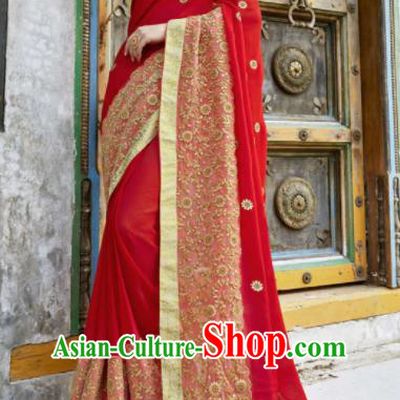 Indian Traditional Bollywood Court Red Georgette Sari Dress Asian India National Festival Costumes for Women