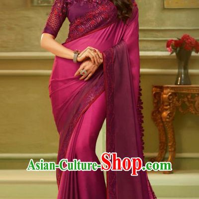 Indian Traditional Sari Bollywood Wine Red Silk Dress Asian India National Festival Costumes for Women