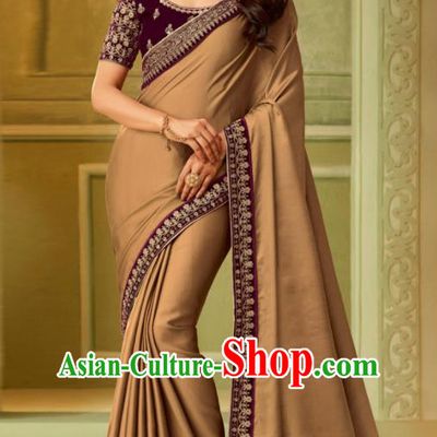 Indian Traditional Sari Bollywood Brown Silk Dress Asian India National Festival Costumes for Women