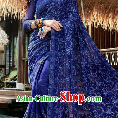 Indian Traditional Bollywood Court Embroidered Royalblue Georgette Sari Dress Asian India National Festival Costumes for Women