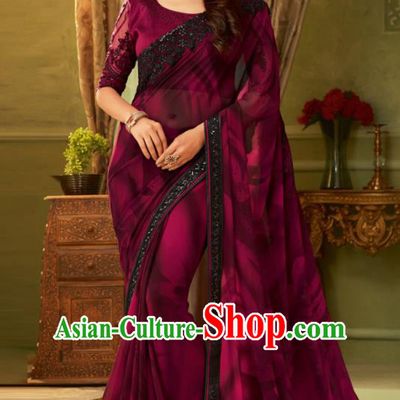 Indian Traditional Sari Bollywood Purple Silk Dress Asian India National Festival Costumes for Women