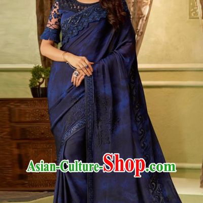 Indian Traditional Sari Bollywood Navy Silk Dress Asian India National Festival Costumes for Women