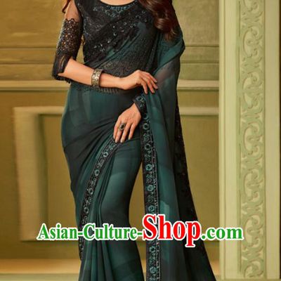 Indian Traditional Sari Bollywood Atrovirens Silk Dress Asian India National Festival Costumes for Women