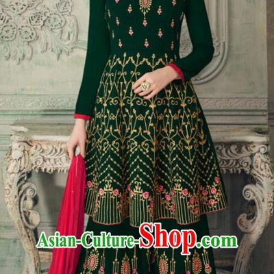 Asian Indian Punjabis Deep Green Blouse and Pants India Traditional Lehenga Choli Costumes Complete Set for Women