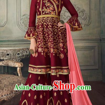 Asian Indian Punjabis Wine Red Blouse and Pants India Traditional Lehenga Choli Costumes Complete Set for Women