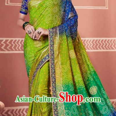Indian Traditional Sari Bollywood Printing Green Dress Asian India National Festival Costumes for Women