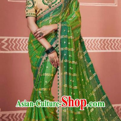 Indian Traditional Sari Bollywood Printing Deep Green Dress Asian India National Festival Costumes for Women