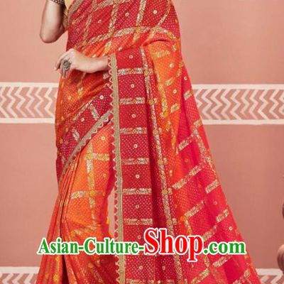 Indian Traditional Sari Bollywood Printing Red Dress Asian India National Festival Costumes for Women