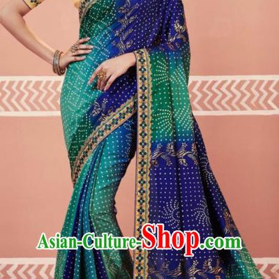 Indian Traditional Sari Bollywood Printing Blue Dress Asian India National Festival Costumes for Women