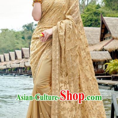Indian Traditional Bollywood Court Embroidered Beige Georgette Sari Dress Asian India National Festival Costumes for Women