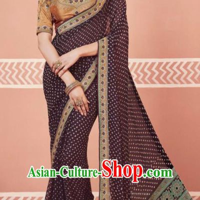 Indian Traditional Sari Bollywood Wedding Printing Deep Purple Dress Asian India National Festival Costumes for Women