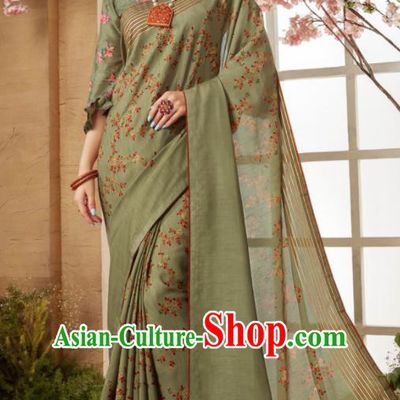 Indian Traditional Bollywood Sari Olive Green Dress Asian India National Festival Costumes for Women