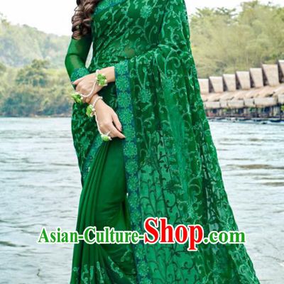 Indian Traditional Bollywood Court Embroidered Deep Green Georgette Sari Dress Asian India National Festival Costumes for Women